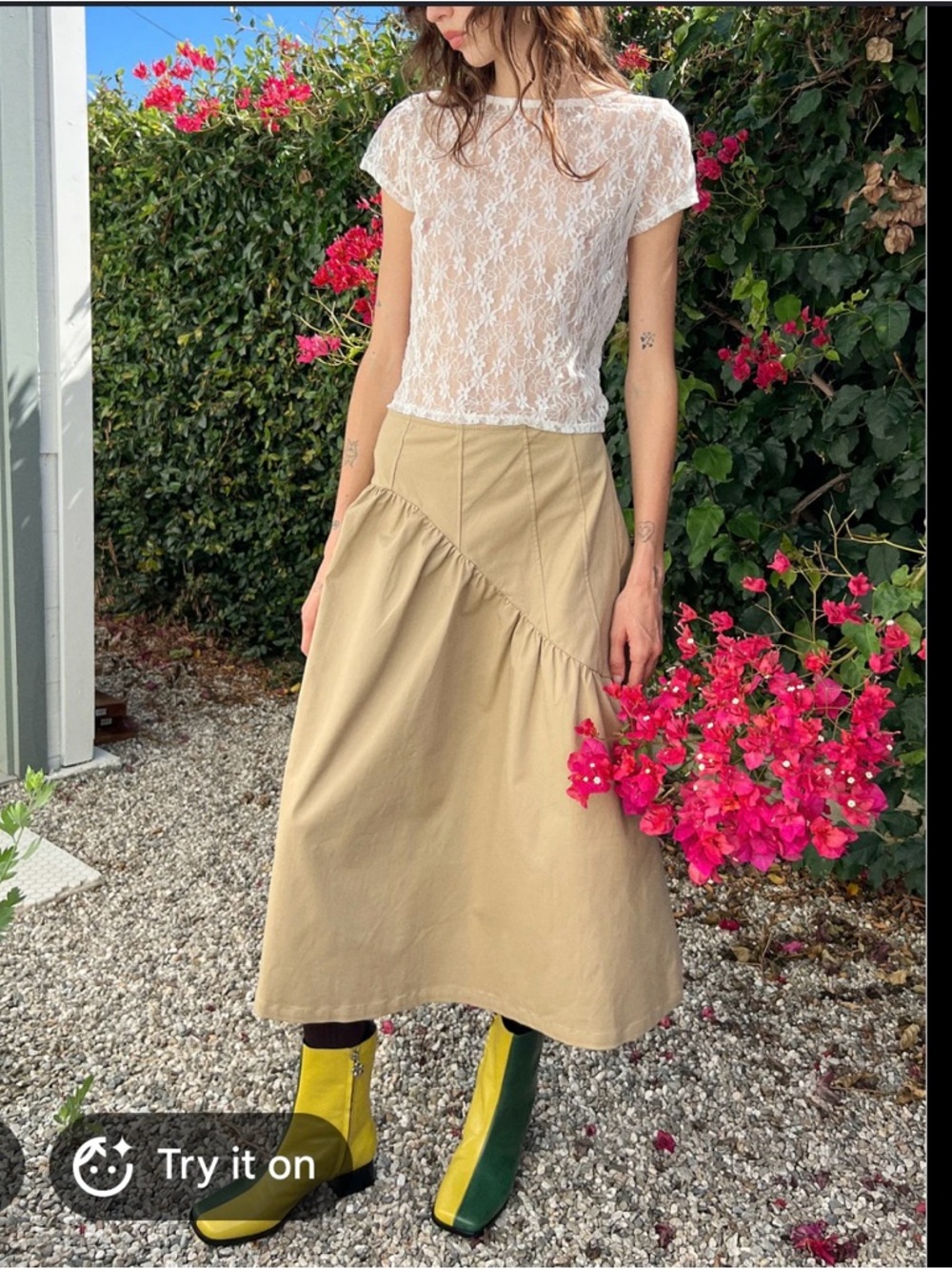 Lisa Says Gah Beige Asymmetric Ruffle Maxi Skirt